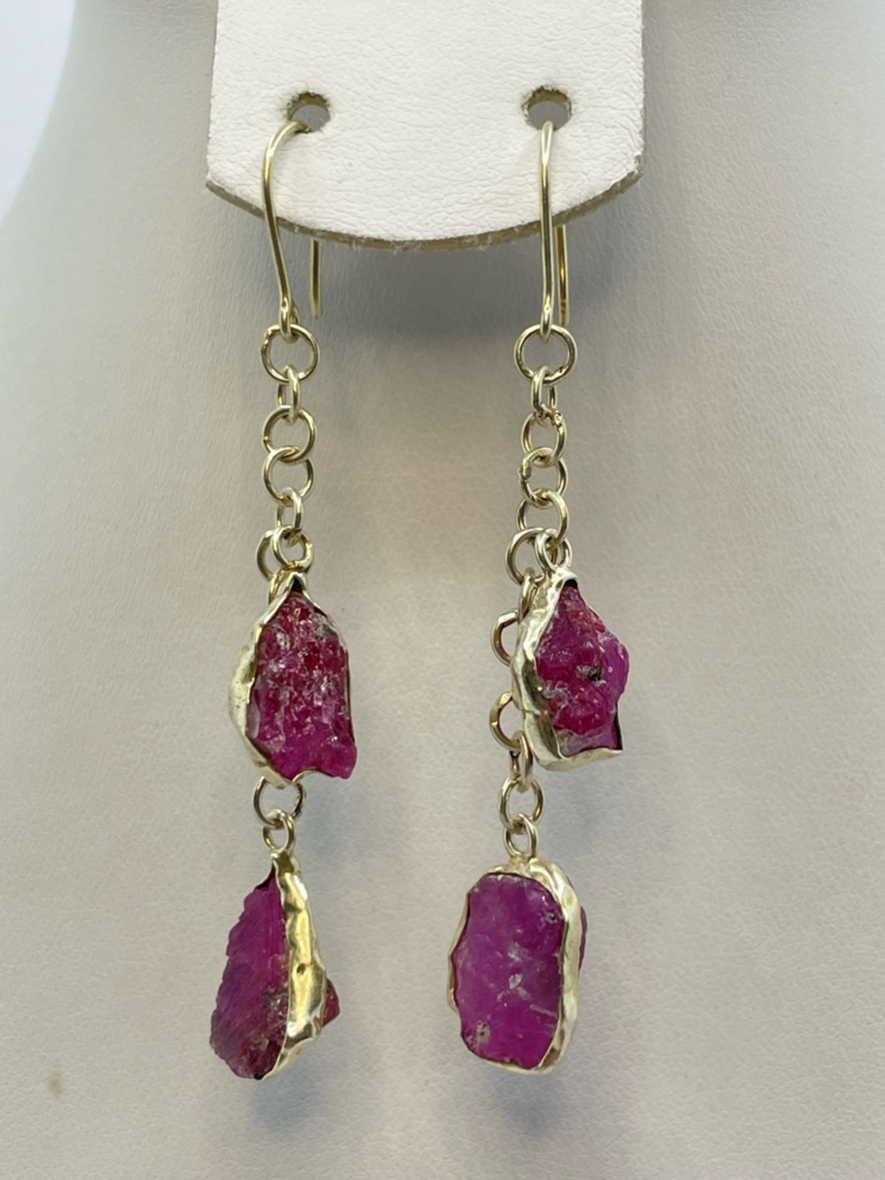 Raw Ruby Dangle Earrings 10K Gold Plated 925 Sterling Silver Statement Boho
